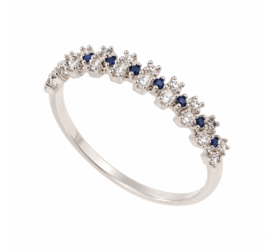 Anel meia alianca zirconia cristal e azul, prata. 341445