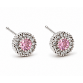 Brinco chuveiro redondo microgrifas pedra maior rosa claro com zirconia cristal em volta. 7.5mm, prata. 351428