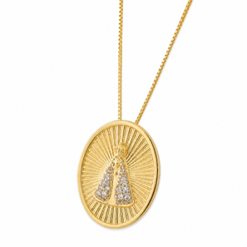 Colar medalha Nossa Senhora Aparecida manto zirconia cristal, oval com detalhes dentro. 161461