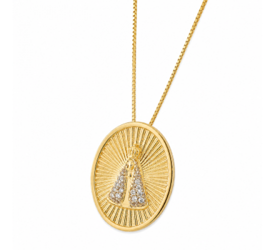 Colar medalha Nossa Senhora Aparecida manto zirconia cristal, oval com detalhes dentro. 161461