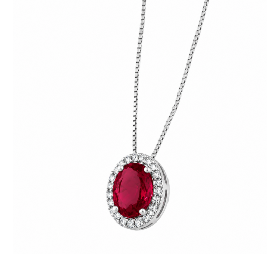 Colar oval pedra maior vermelho rubi com zirconia cristal em volta, 6x4mm, Prata. 361511