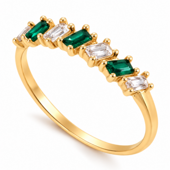 Anel meia alianca 7 baguetes intecalado verde esmeralda e cristal. 140026