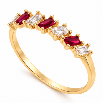 Anel meia alianca 7 baguetes intercalado vermelho rubi e cristal. 140029
