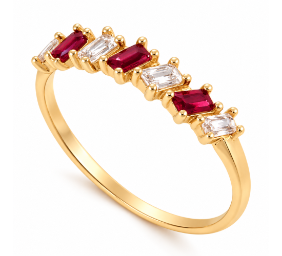 Anel meia alianca 7 baguetes intercalado vermelho rubi e cristal. 140029