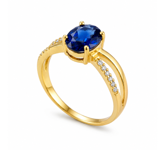 Anel solitario oval azul safira zirconia cristal nas laterais. 141183
