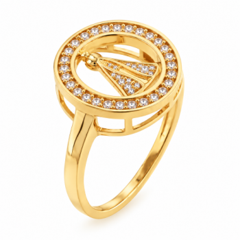 Anel aro oval zirconia cristal com Nossa Senhora Aparecida, manto zirconia cristal. 141213