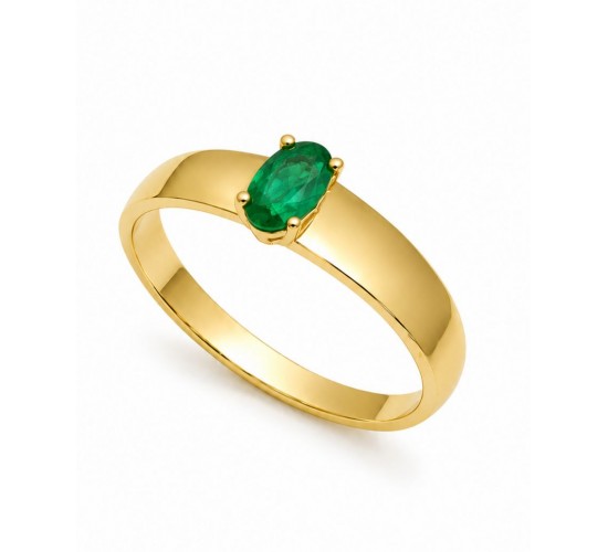 Anel solitario pedra verde esmeral oval 5x2mm, aro liso. 1415548