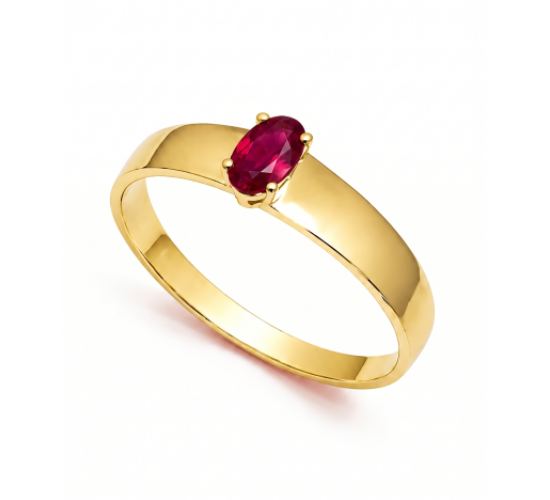 Anel solitario pedra vermelho rubi oval 5x2mm, aro liso. 1415549