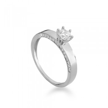 Anel solitario zirconia cristal 4mm e cristal nas laterais, prata. 340008