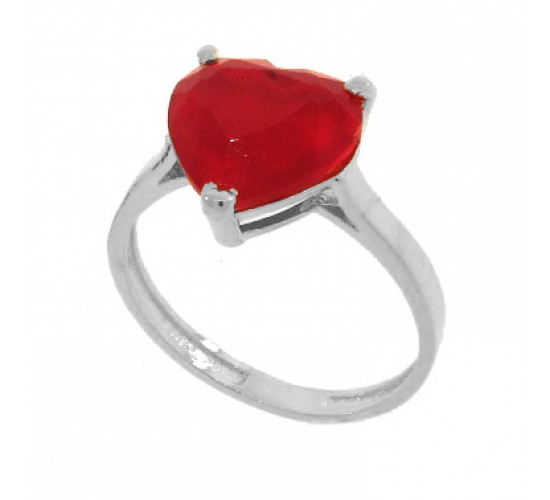 Anel coracao pedra vermelho rubi aro liso, Prata. 340012