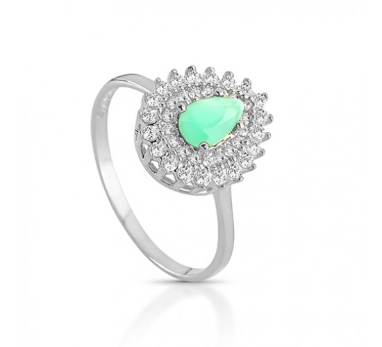 Anel gota pedra maior verde esmeralda com zirconia cristal em volta, Prata. 340020