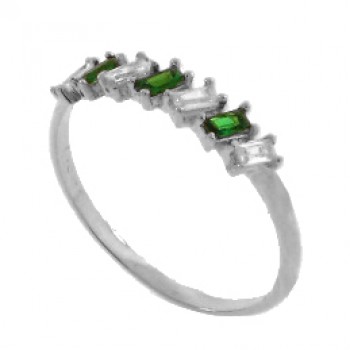 Anel meia alianca 7 baguetes intecalado verde esmeralda e cristal, prata. 340026