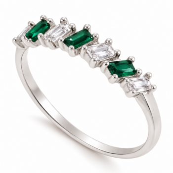 Anel meia alianca 7 baguetes intecalado verde esmeralda e cristal, prata. 340026