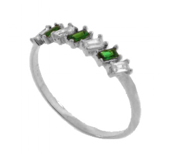 Anel meia alianca 7 baguetes intecalado verde esmeralda e cristal, prata. 340026