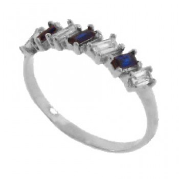 Anel meia alianca 7 baguetes intercalado azul safira e cristal, prata. 340028