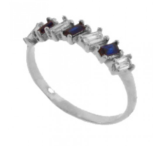 Anel meia alianca 7 baguetes intercalado azul safira e cristal, prata. 340028
