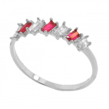 Anel meia alianca 7 baguetes intercalado vermelho rubi e cristal, prata. 340029