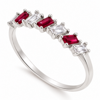 Anel meia alianca 7 baguetes intercalado vermelho rubi e cristal, prata. 340029