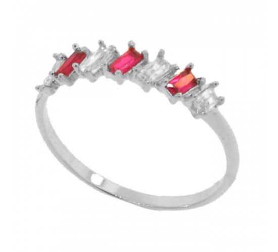 Anel meia alianca 7 baguetes intercalado vermelho rubi e cristal, prata. 340029