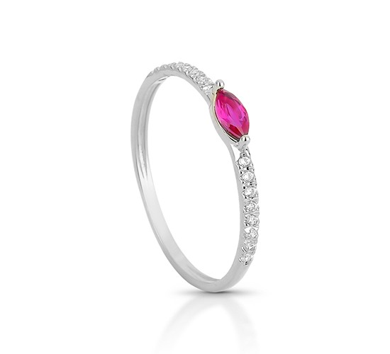 Anel solitario navete 6mm vermelho rubi zirconia cristal nas laterais, prata. 340038