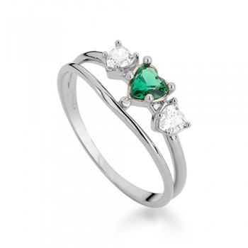 Anel aro liso com 3 coracoes zirconia verde no coração do meio e cristal do lado, prata. 3400478