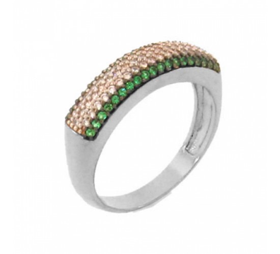 Anel pave media zirconia cristal no centro e verde nas laterais, prata. 340656