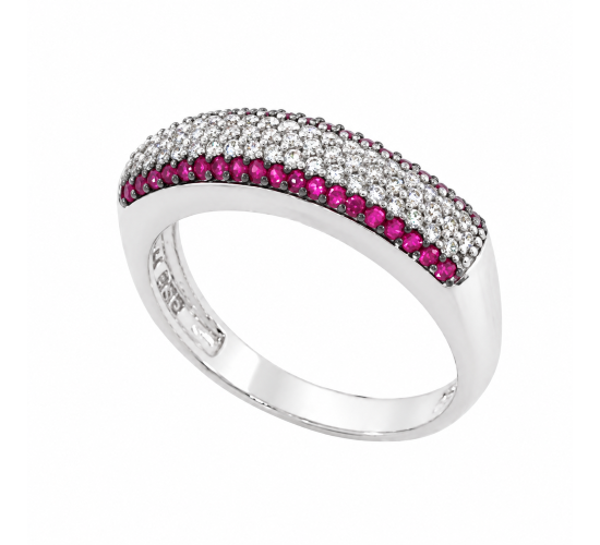 Anel pave media zirconia cristal no centro e zirconia vermelha nas laterais, prata. 340660