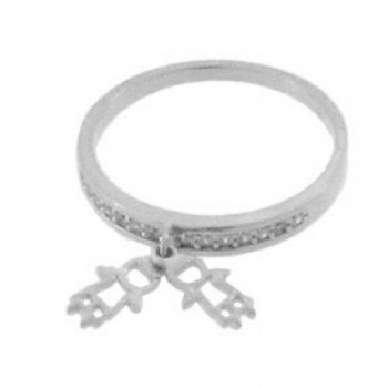 Anel aro zirconia cristal com 2 meninos pendurado, Prata. 340677