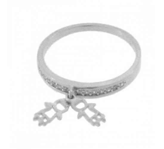 Anel aro zirconia cristal com 2 meninos pendurado, Prata. 340677