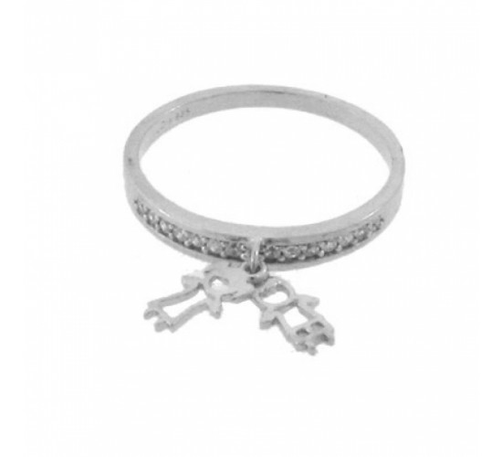 Anel aro zirconia cristal com casal pendurado, Prata. 340679