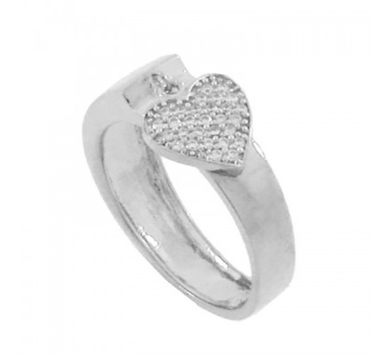Anel aro liso com coracao zirconia cristal pendurado, prata. 340681
