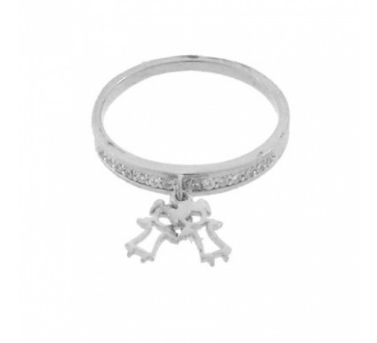 Anel aro zirconia cristal com 2 meninas penduradas, Prata. 340697