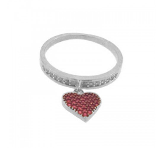 Anel aro zirconia cristal com coracao zirconia vermelha pendurada, prata. 340703