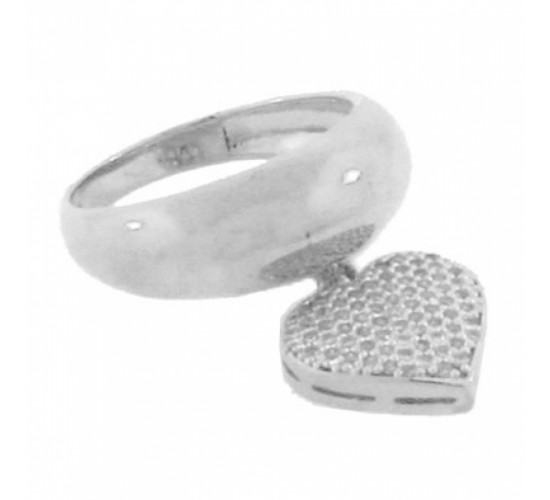 Anel aro maior liso com coracao zirconia cristal pendurado, prata. 340711