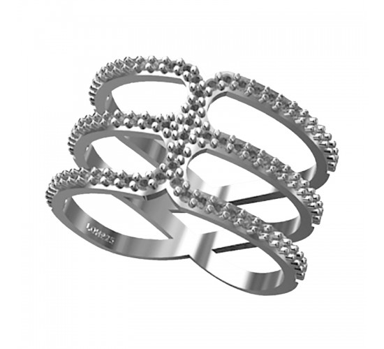 Anel vazado com 3 fios zirconia cristal e um central, prata. 340718