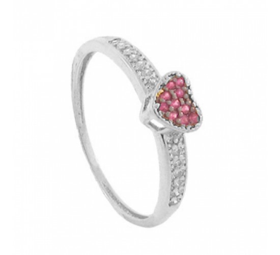 Anel coracao chuveiro zirconia vermelha e zirconia cristal nas laterais, prata. 340806