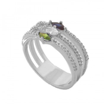 Anel 3 aros zirconia cristal com navetes azul, verde e cristal, prata. 340909