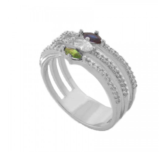 Anel 3 aros zirconia cristal com navetes azul, verde e cristal, prata. 340909