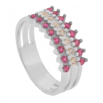 Anel trio junto centro zirconia cristal e zirconia vermelho nas laterais, prata. 340942