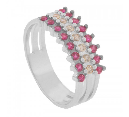 Anel trio junto centro zirconia cristal e zirconia vermelho nas laterais, prata. 340942