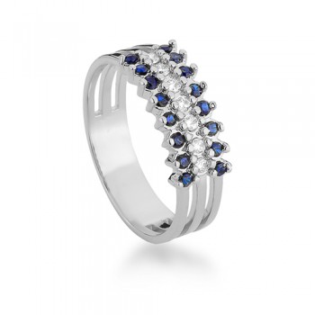 Anel trio junto com bordas azuis e centro cristal, prata. 340943