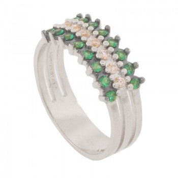 Anel trio junto verde nas bordas e centro cristal, prata. 340955