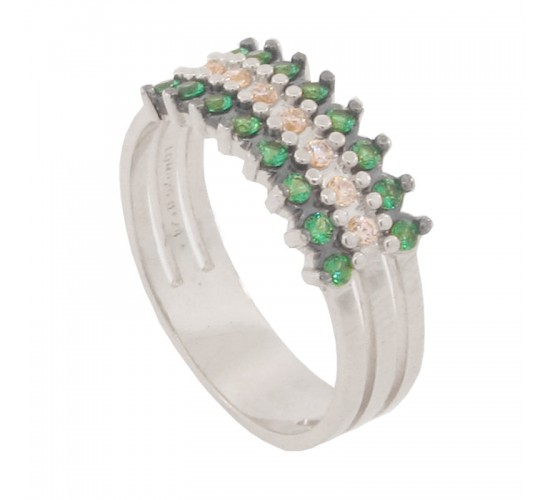 Anel trio junto verde nas bordas e centro cristal, prata. 340955
