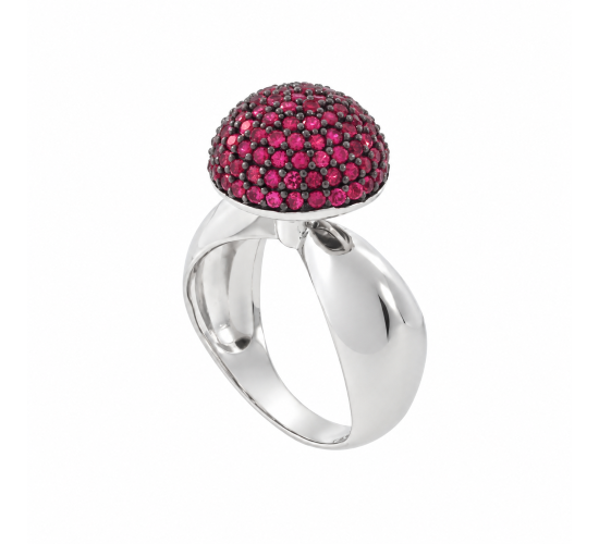 Anel meia esfera zirconia vermelha, prata. 340963