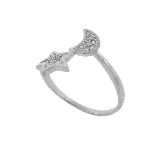 Anel estrela e lua zirconia cristal nas pontas, prata. 341075