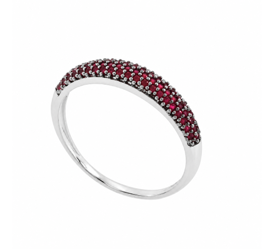 Anel meia alianca pave zirconia vermelha, prata. 341113