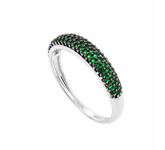 Anel meia alianca pave zirconia verde, prata. 341116