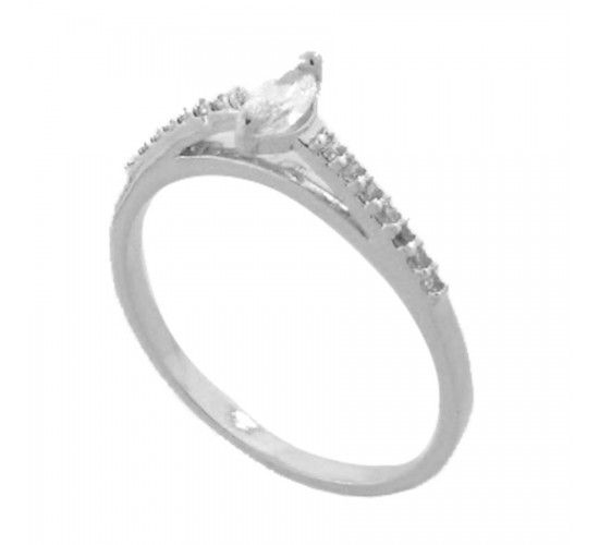 Anel solitario navete cristal 6mm e zirconia cristal nas laterais, prata. 341118