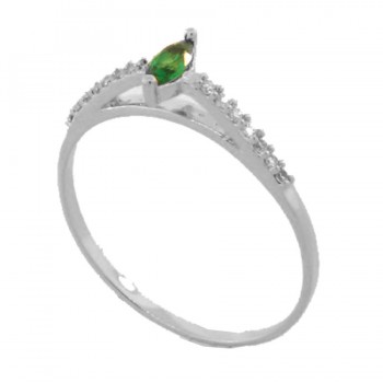 Anel solitario navete verde esmeralda 6mm zirconia cristal nas laterais, prata. 341119