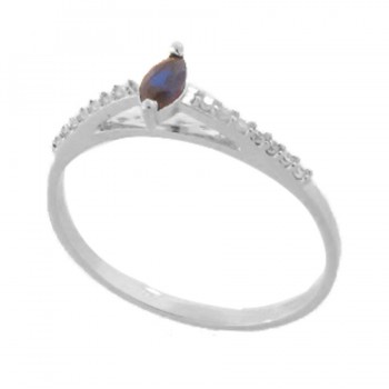 Anel solitario navete azul safira 6mm zirconia cristal nas laterais, prata. 341120